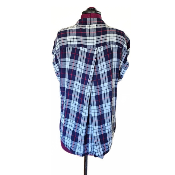 Jachs Navy Plaid Print Loose Fit Short Sleeve Blouse Top Womens - Picture 4 of 11